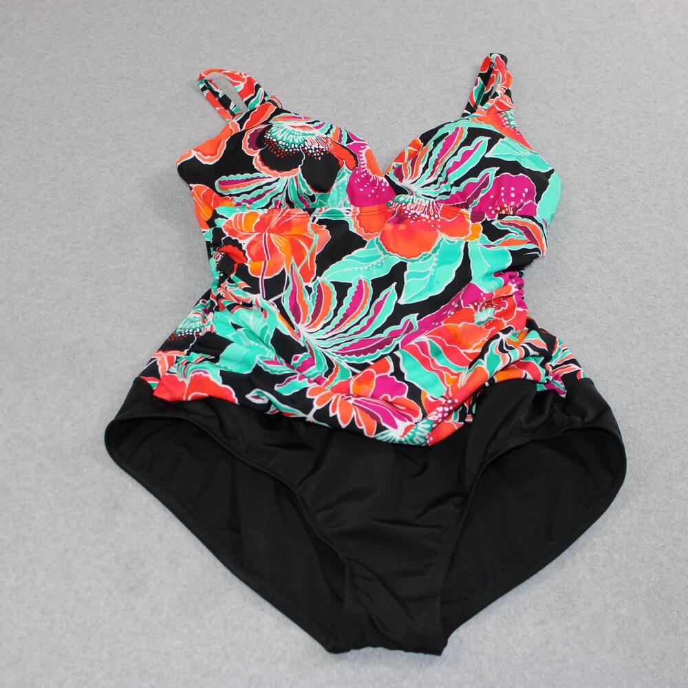 Jantzen Swimsuit Women 16 Black Tropical Floral One Piece Padded Slimming Beach